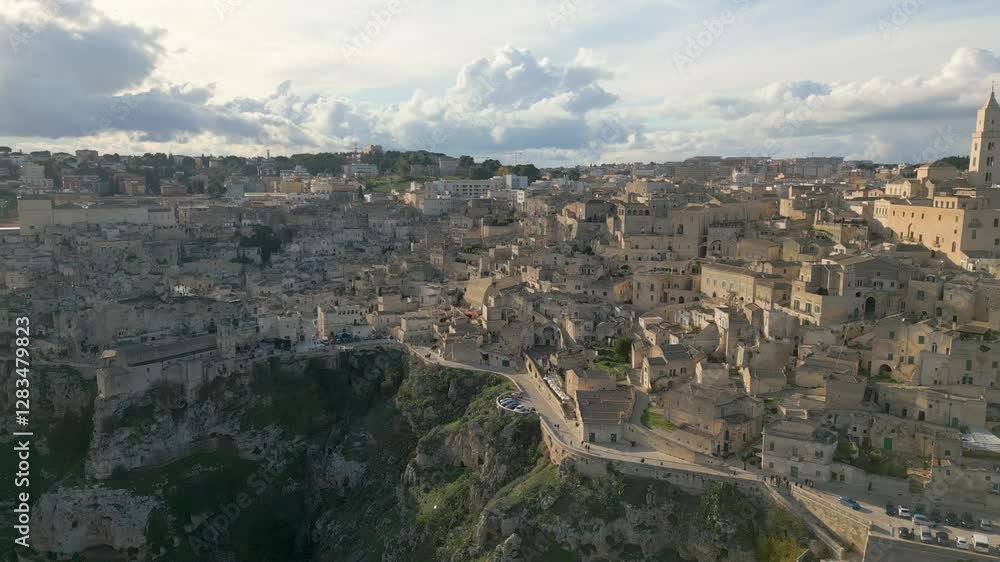 Aerial drone view of the old city center in Matera, southern Italy. Aerial drone view of the old city center in Matera, southern Italy.