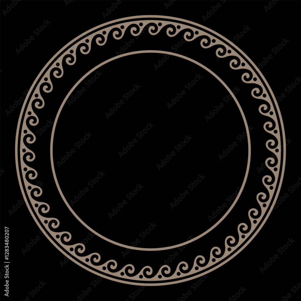 Decorative gold round frame for design with Greek key, meander. Circle gold frame. Egyptian, Assyrian, Greek motif circular frame. Template for round surface, textile, engraving, porcelain, embroidery Decorative gold round frame for design with Greek key, meander. Circle gold frame. Egyptian, Assyrian, Greek motif circular frame. Template for round surface, textile, engraving, porcelain, embroidery