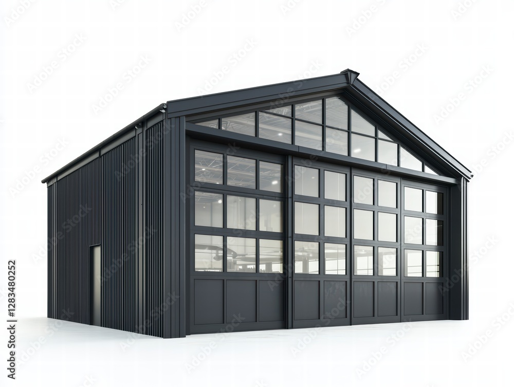 A contemporary industrial building or workshop with large sliding glass doors and a pitched roof design, symbolizing modern functionality and design. A contemporary industrial building or workshop with large sliding glass doors and a pitched roof design, symbolizing modern functionality and design.