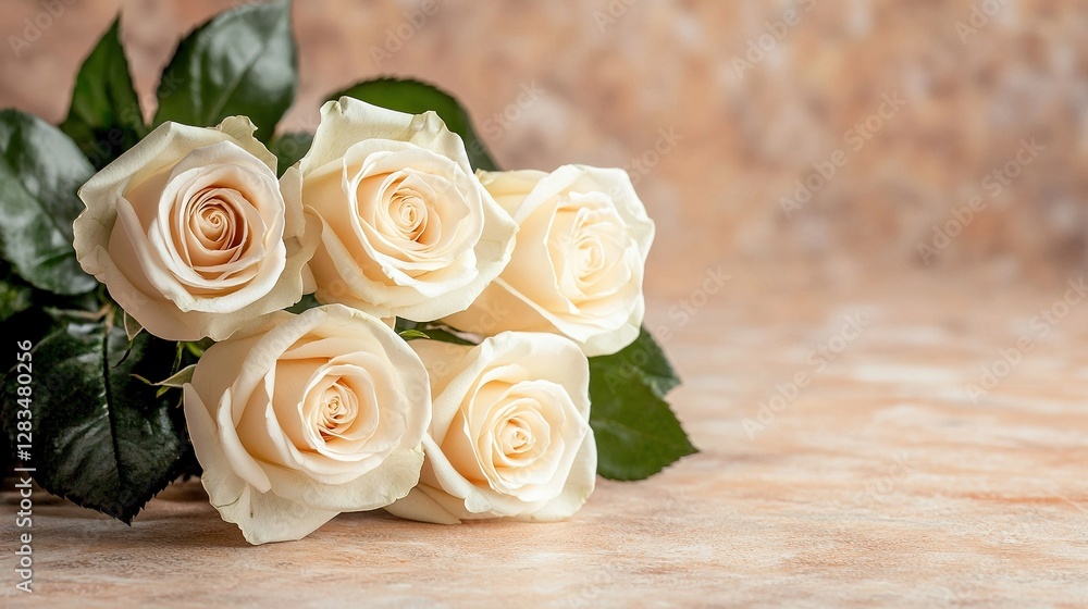 A vase with white roses on the table, surrounded by green foliage A vase with white roses on the table, surrounded by green foliage