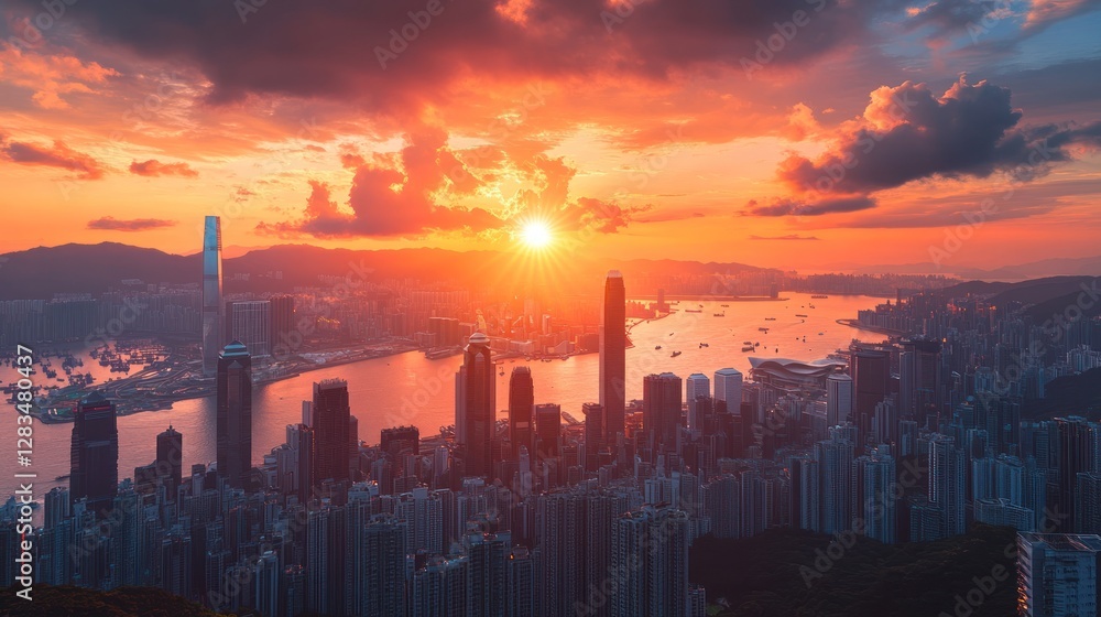 Fototapeta premium Stunning sunset over a bustling city skyline view