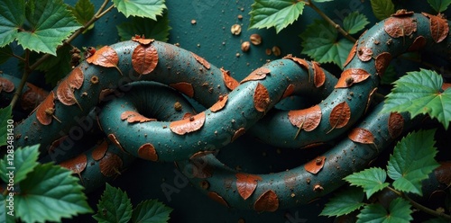 Exotic leaves entwine metal pipes, metal, metallic, pipes