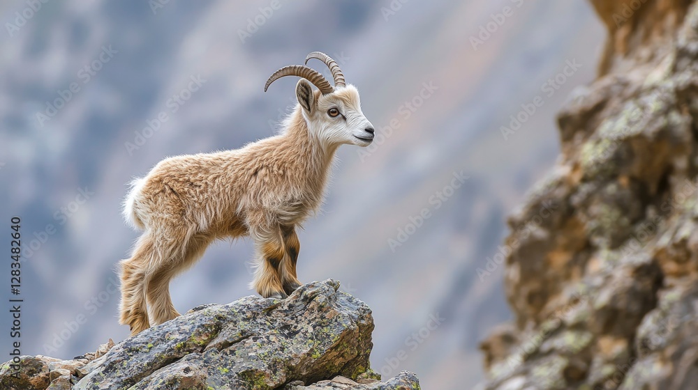 A baby markhor goat standing on a rocky cliffside, its small curved horns just beginning to grow A baby markhor goat standing on a rocky cliffside, its small curved horns just beginning to grow