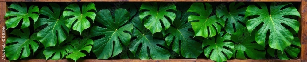 Fototapeta premium Exotic tropical leaves with lush green stems in a wooden frame, leaves, frames, natural