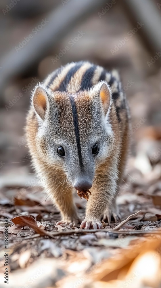Fototapeta premium A baby numbat walking through dry eucalyptus woodlands, its striped back blending with the earthy tones