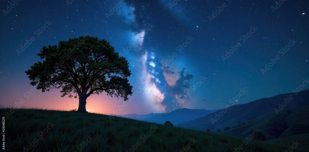 Fototapeta premium Starry night with a lone tree and glowing star trails, atmospheric, glow