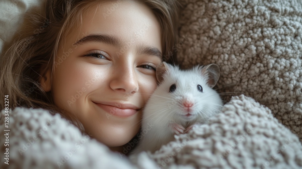 Happy moments shared between a woman and her adorable hamster in a cozy setting Happy moments shared between a woman and her adorable hamster in a cozy setting