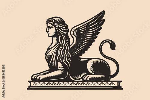 Greek sphinx with eagle wings and lion body, vintage engraving icon