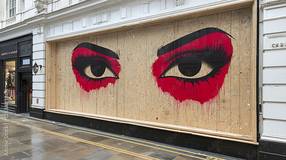 Obraz premium Intriguing street art A striking pair of eyes painted on plywood boarding a storefront.