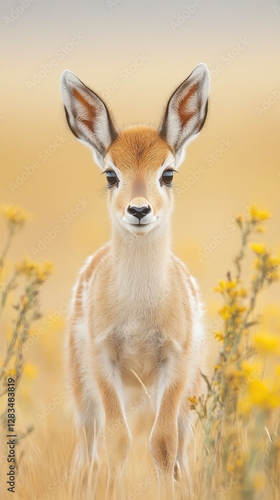 A baby pronghorn antelope standing in the golden prairie, its large dark eyes full of curiosity A baby pronghorn antelope standing in the golden prairie, its large dark eyes full of curiosity