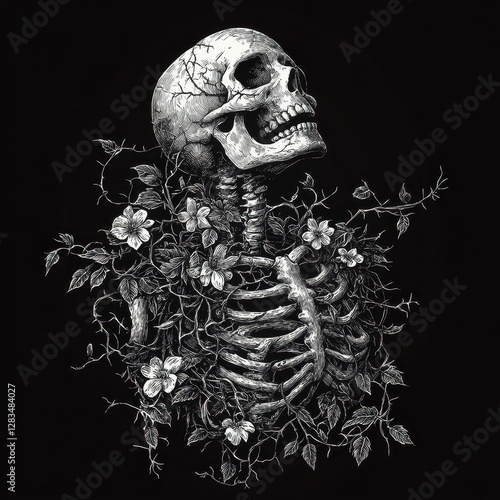 Blossoming Anatomy Skull Amidst Thorns and Floral Growth in Monochrome Artistic Illustration