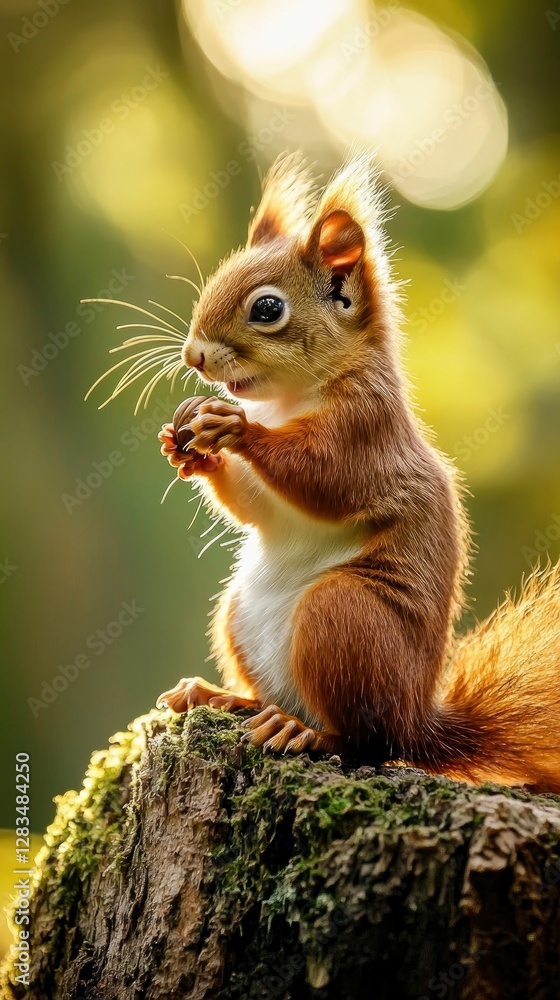 A baby red squirrel holding a tiny nut, sitting on a mossy tree stump in a sunlit forest A baby red squirrel holding a tiny nut, sitting on a mossy tree stump in a sunlit forest