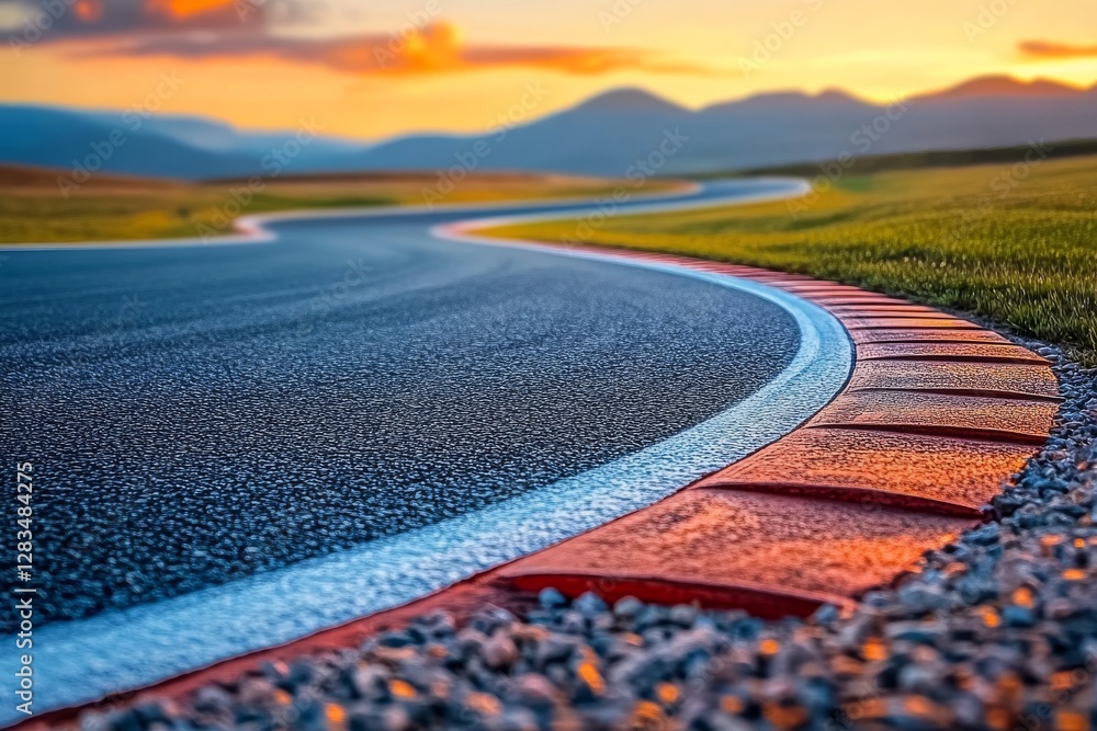 Fototapeta premium Curving road at sunset with mountains in the background creates a serene landscape for travelers and nature lovers