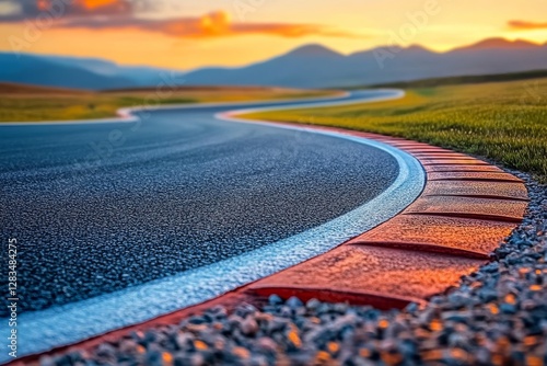 Curving road at sunset with mountains in the background creates a serene landscape for travelers and nature lovers photo