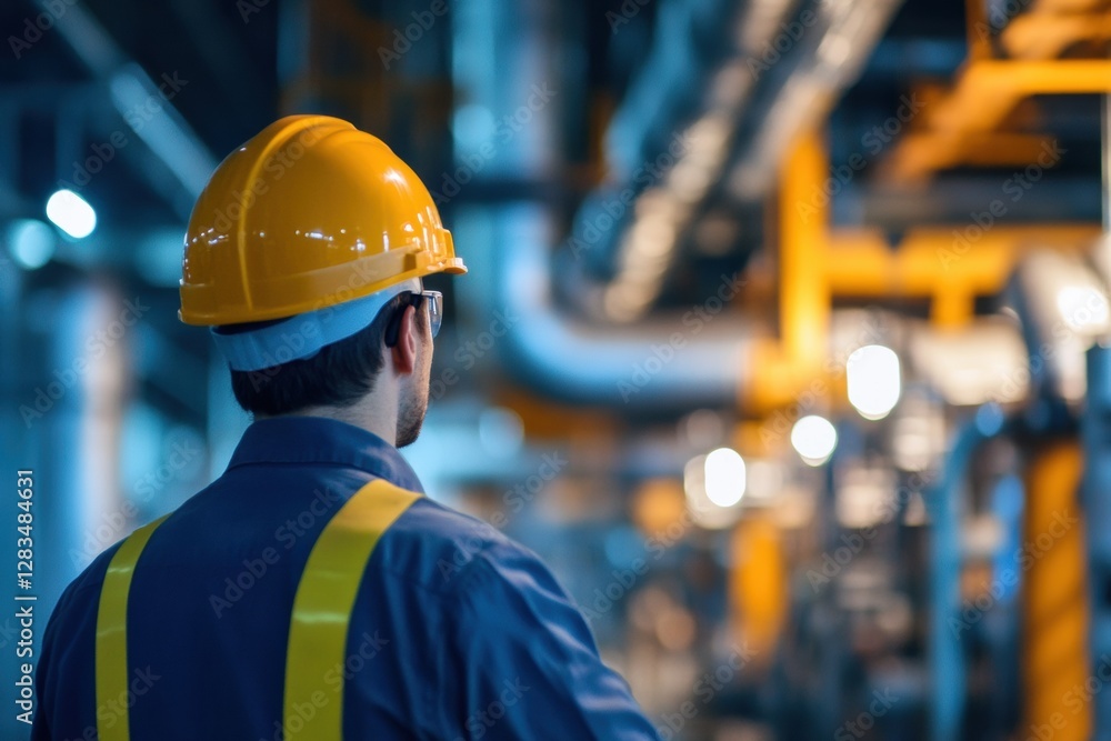 Engineer observes industrial process in a facility during late evening. Generative AI Engineer observes industrial process in a facility during late evening. Generative AI