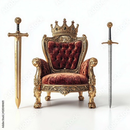 Opulent Throne Adorned with Crown Flanked by Swords Regal Display of Power and Nobility photo