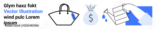 Hand tearing paper, money bag leaking drops, and handbag losing contents. Ideal for finances, loss, budget management, risks, waste, accounting errors flat landing page banner