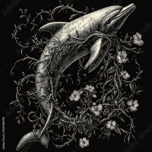 Dolphin Gracefully Embraced by Vines and Blossoms in Artistic Monochromatic Composition Depicting Marine Life