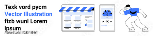 Online storefront with awning on monitor, mobile app playing music, and a delivery person. Ideal for e-commerce, mobile apps, shopping, delivery services, technology, startups digital marketing