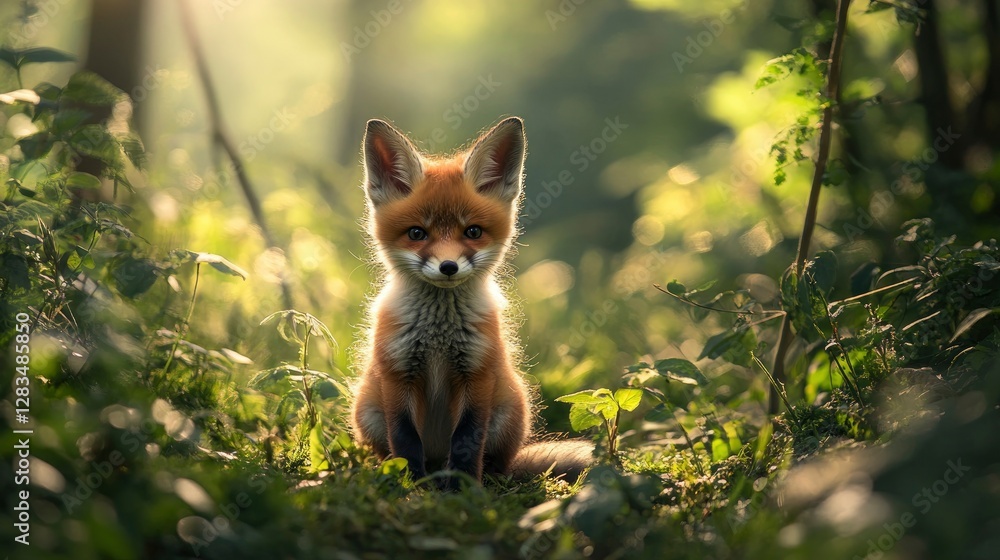 Fototapeta premium A fluffy baby fox sitting in a lush green forest, soft sunlight filtering through the trees