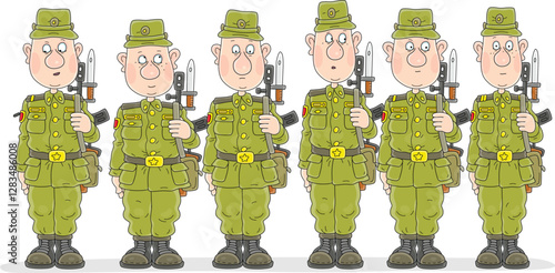 Line of young soldiers and sergeants with weapons standing straight in a rank on an army parade ground, vector cartoon illustration on white
