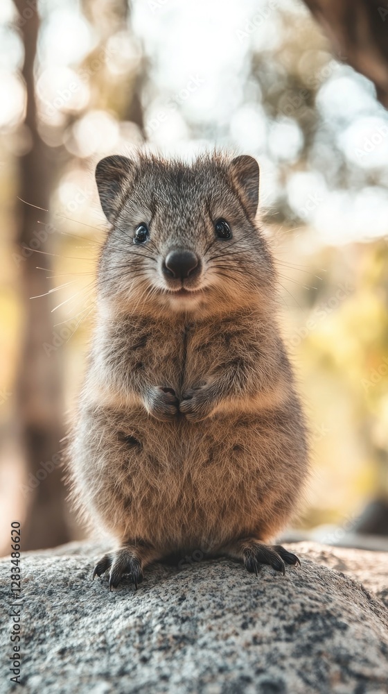 A fluffy baby quokka sitting on a rock, its round face and adorable smile radiating happiness A fluffy baby quokka sitting on a rock, its round face and adorable smile radiating happiness
