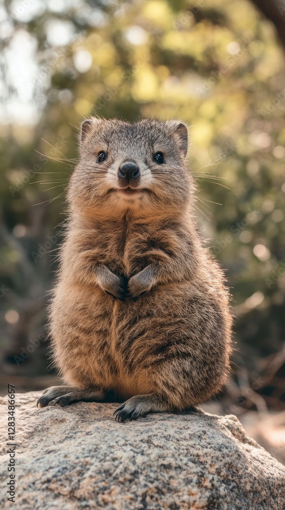 A fluffy baby quokka sitting on a rock, its round face and adorable smile radiating happiness A fluffy baby quokka sitting on a rock, its round face and adorable smile radiating happiness