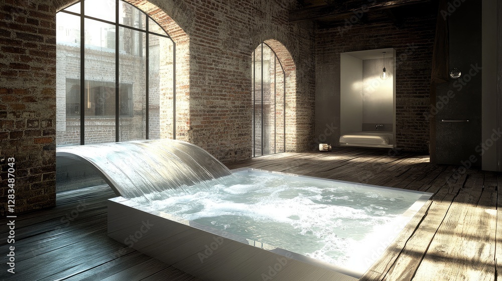 Fototapeta premium A bathtub with water gently flowing, surrounded by a clear glass partition that enhances the modern feel.