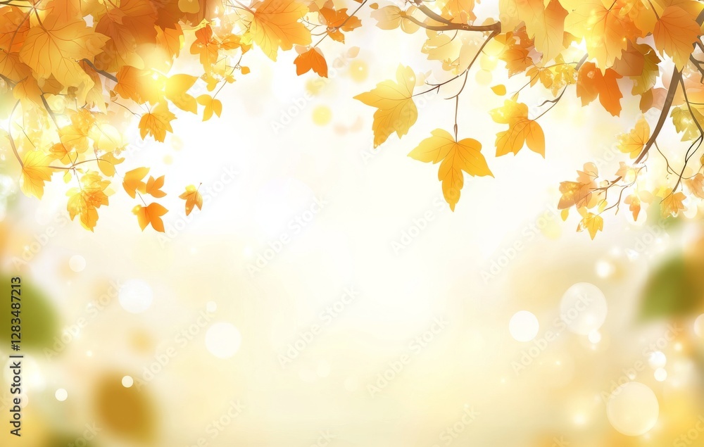 A soft and serene autumn backdrop featuring yellow leaves set against a gentle, blurred natural light with a universal bokeh effect A soft and serene autumn backdrop featuring yellow leaves set against a gentle, blurred natural light with a universal bokeh effect