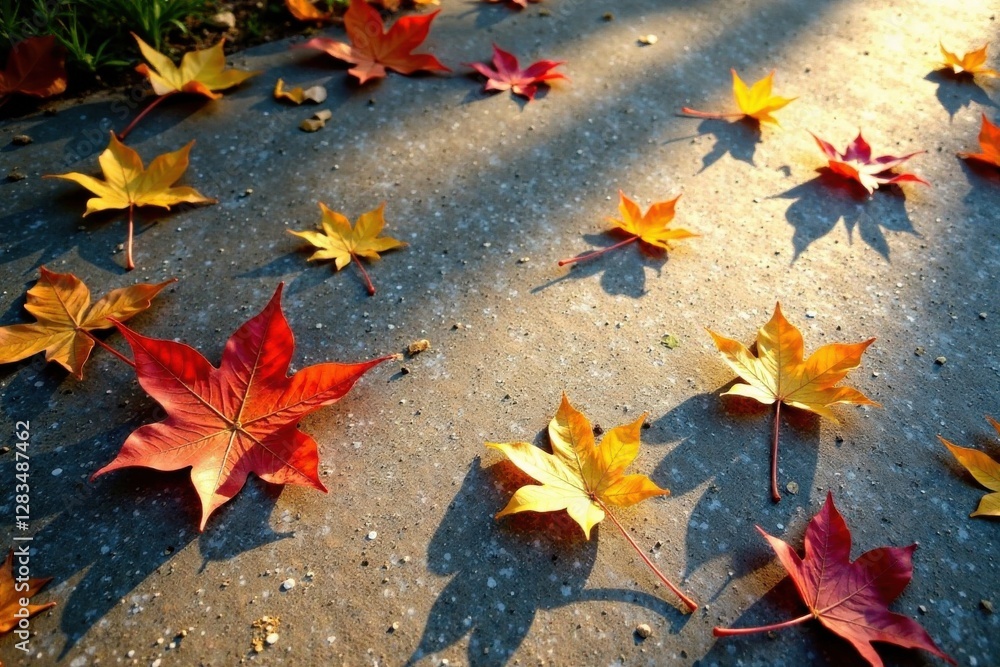 fallen leaves cast long shadows on cement ground, brown, shadows, earthy fallen leaves cast long shadows on cement ground, brown, shadows, earthy