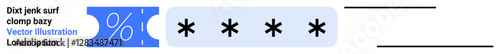Hidden password represented by asterisk symbols, percentage symbol, modern text layout. Ideal for cybersecurity, online privacy, secure login processes, data protection, identity safety, encryption