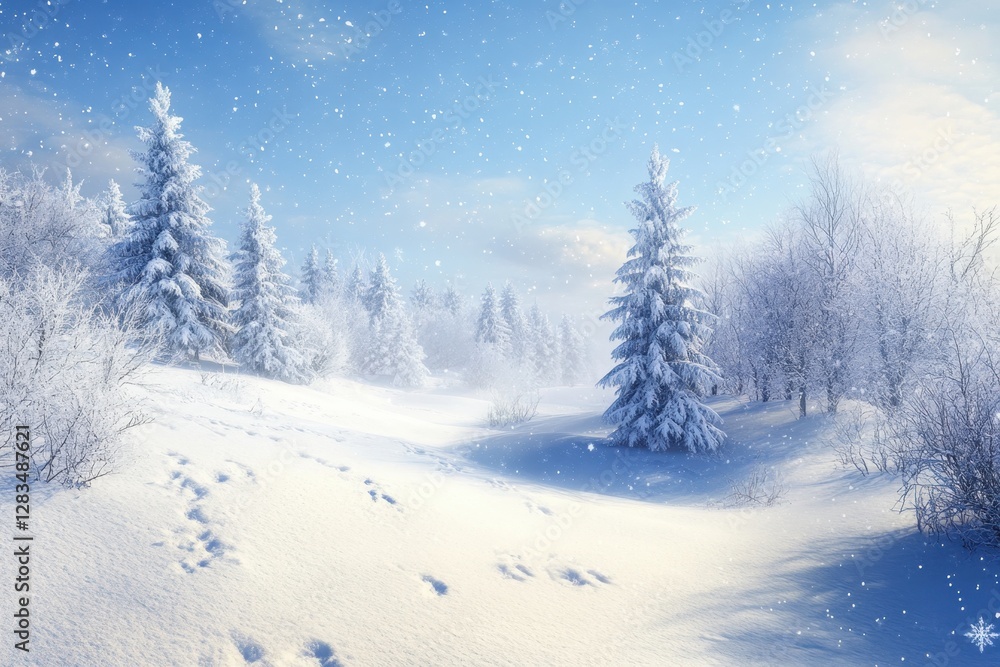 Snowy winter landscape with evergreen trees under a clear blue sky Snowy winter landscape with evergreen trees under a clear blue sky