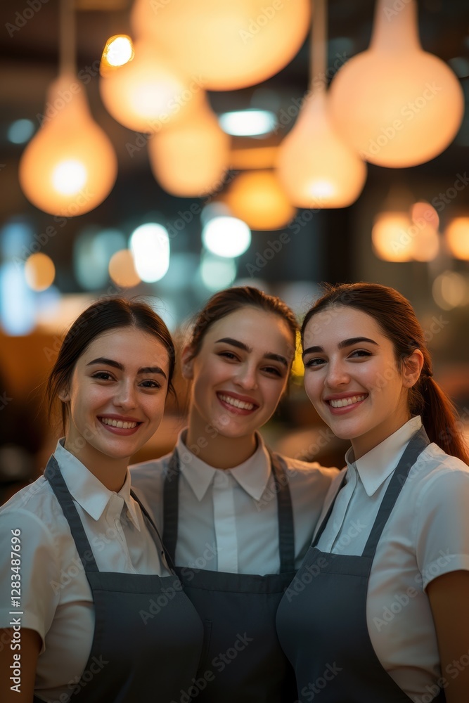 Fototapeta premium Three young female waitstaff smiling together in a cozy restaurant with warm lighting creating a welcoming atmosphere and showcasing teamwork in hospitality.