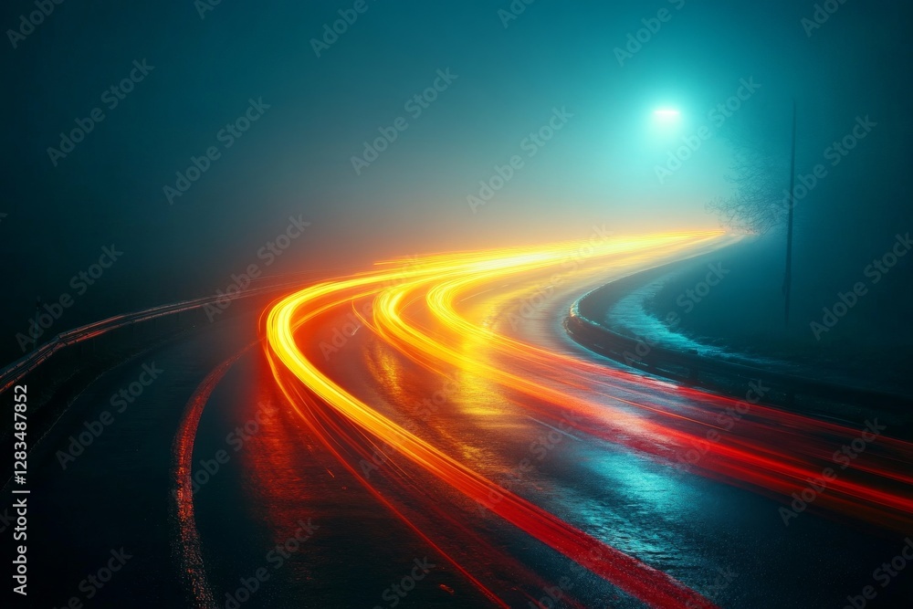 Bright car lights illuminate a foggy road at night showcasing swirling patterns and reflections on wet pavement Bright car lights illuminate a foggy road at night showcasing swirling patterns and reflections on wet pavement