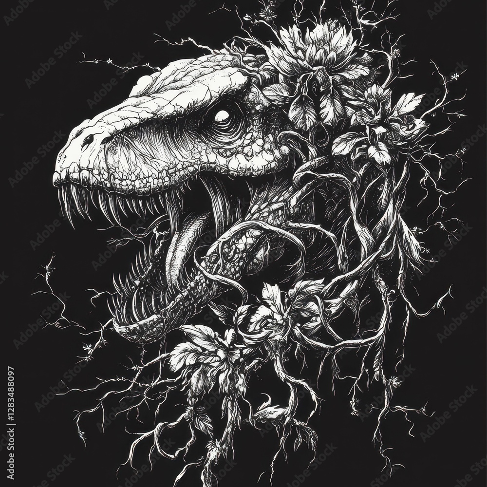 Fototapeta premium Tyrannosaurus Rex with Floral Crown Skull Fossil Art Black and White Illustration Deadly Jurassic Predator