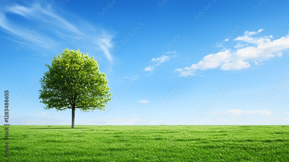 Obraz premium Single Tree in a Green Field Under a Bright Blue Sky