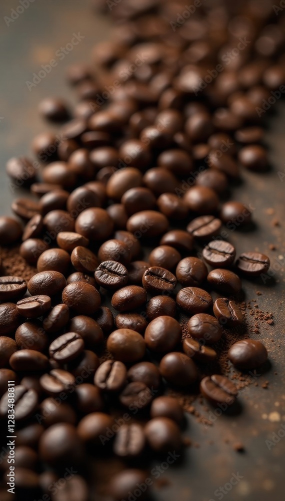 Obraz premium Freshly ground espresso beans on worn leather table top, leather, vintage