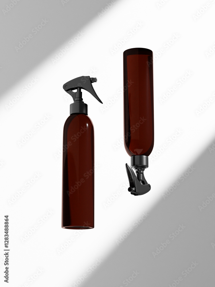 Obraz premium elegant cylindrical Trigger spray bottle mockup, tall PET plastic sprayer packaging, liquid water mist dispenser pump mockup, brown amber glass containers isolate on clean backgrond mockup