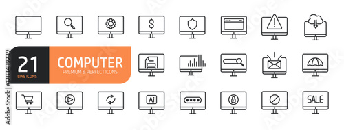 Set of line icons related computer and more. Outline icons collection. Editable stroke. Vector illustration.