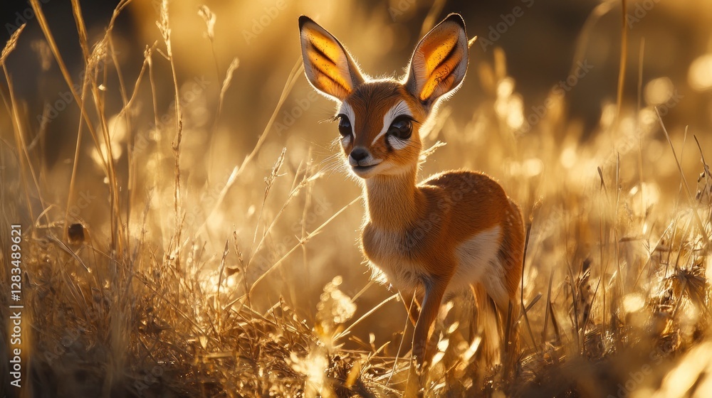 Fototapeta premium A tiny dik-dik antelope cautiously stepping through the golden grasslands, its large eyes full of curiosity