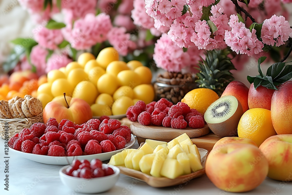 Vibrant display of assorted fruits including raspberries, apples, and lemons with blooming flowers in the background Vibrant display of assorted fruits including raspberries, apples, and lemons with blooming flowers in the background