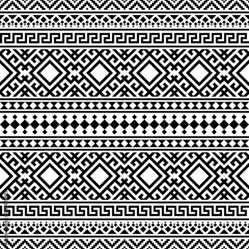 A striking seamless pattern featuring bold, repeating geometric shapes in black and white. Inspired by ancient tribal motifs, ideal for textiles, home decor, and digital designs.