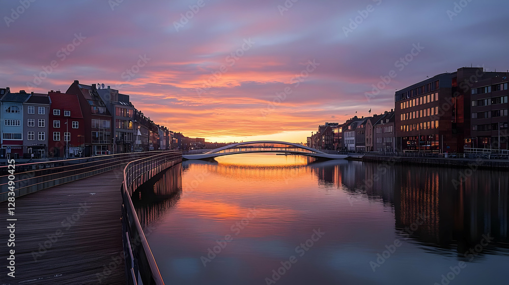 Naklejka premium Sunset Over European City River With Reflecting Skyline and Vibrant Colors
