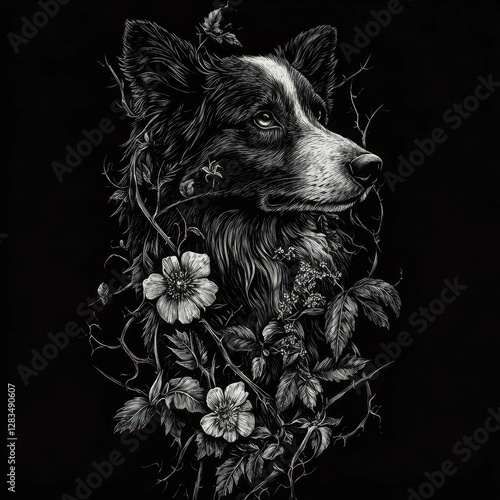 Wallpaper Mural Black and White Dog Portrait Amidst Wild Rose Blossoms Artistic Illustration Dark Backdrop Design Torontodigital.ca