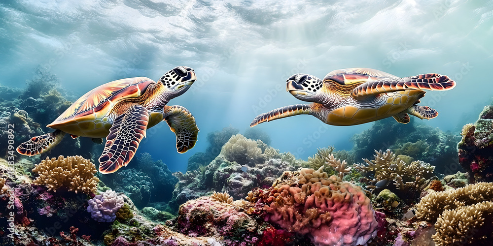 Fototapeta premium Two Sea Turtles Swimming Above a Vibrant Coral Reef Underwater