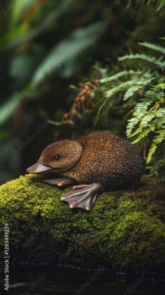 Fototapeta premium Adorable baby platypus resting on a mossy riverbank, its tiny webbed feet tucked under its body