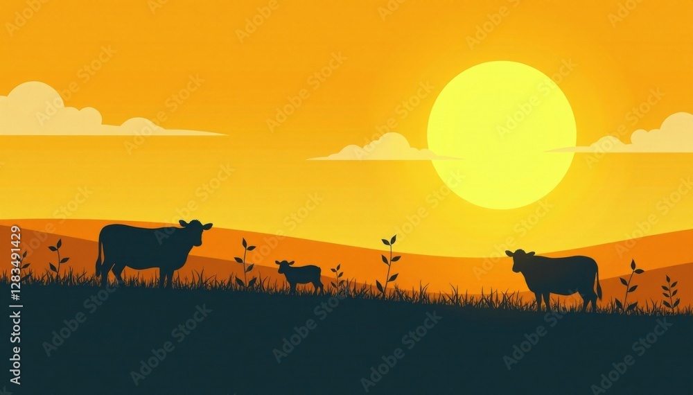 Farm animal silhouettes in fields with yellow sun and white clouds, farm animals, animals farm, animals Farm animal silhouettes in fields with yellow sun and white clouds, farm animals, animals farm, animals