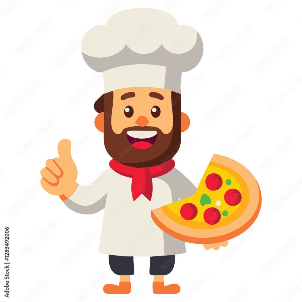 A cheerful cartoon chef, wearing a chef's hat and apron, holds a slice of pizza A cheerful cartoon chef, wearing a chef's hat and apron, holds a slice of pizza
