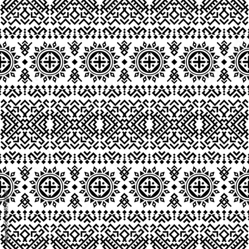 A modern yet traditional black and white seamless geometric pattern with horizontal symmetry. Inspired by Aztec and Inca art, perfect for fashion, branding, and decorative projects.