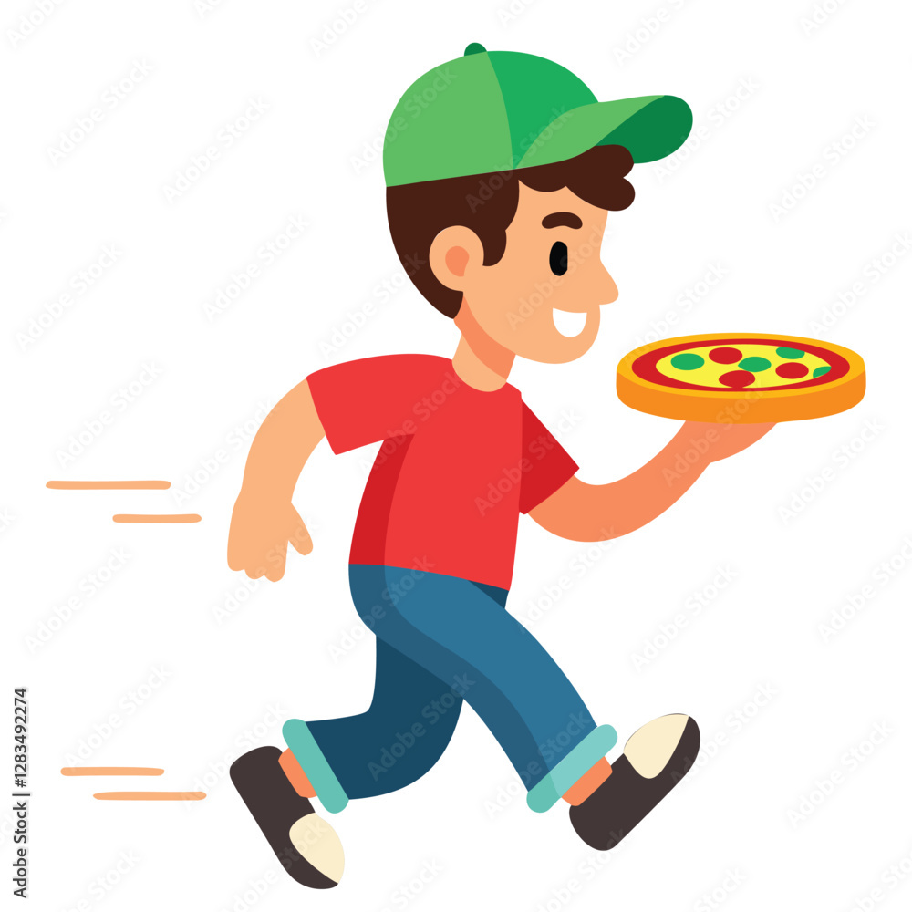 A cheerful cartoon boy, dressed in a red t-shirt, blue jeans, and green cap, is depicted running quickly while holding a pizza on a tray